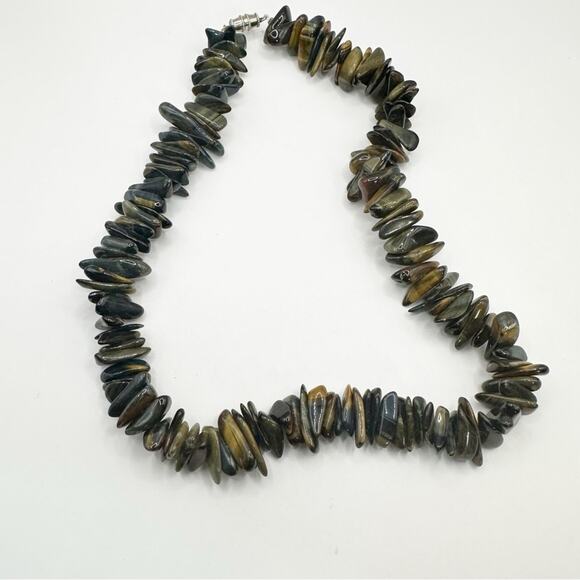 Vintage Chunky Tiger's Eye Dog Tumbled Stone Necklace 14.5" Choker Brown Green - Picture 1 of 8